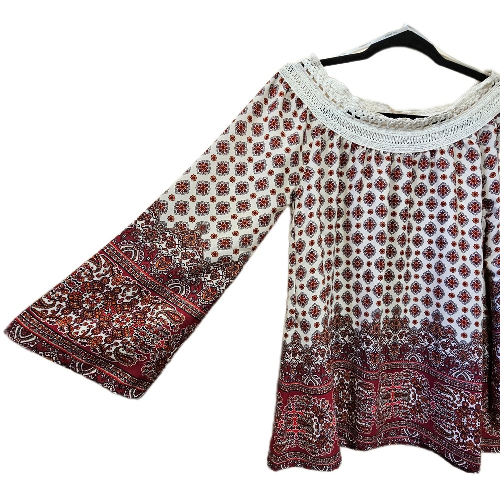 Blu Pepper Paisley Crochet Trim Off The Shoulder Bell Sleeve‎ Peasant Top Small - Picture 3 of 9